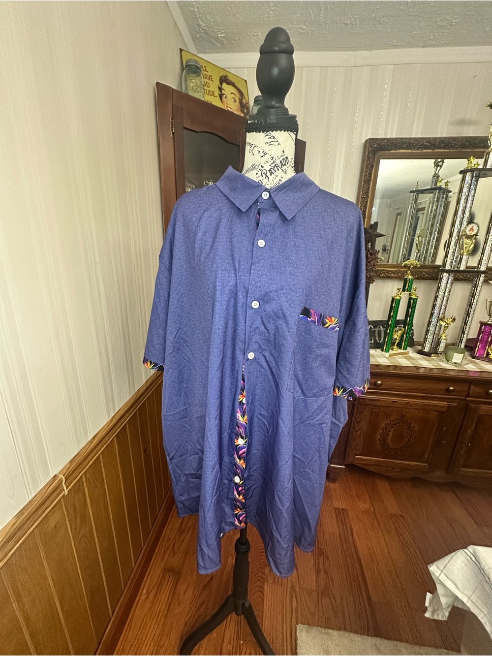 Men's Short-Sleeve Button-Up Shirt - Blue with Multicolor Trim